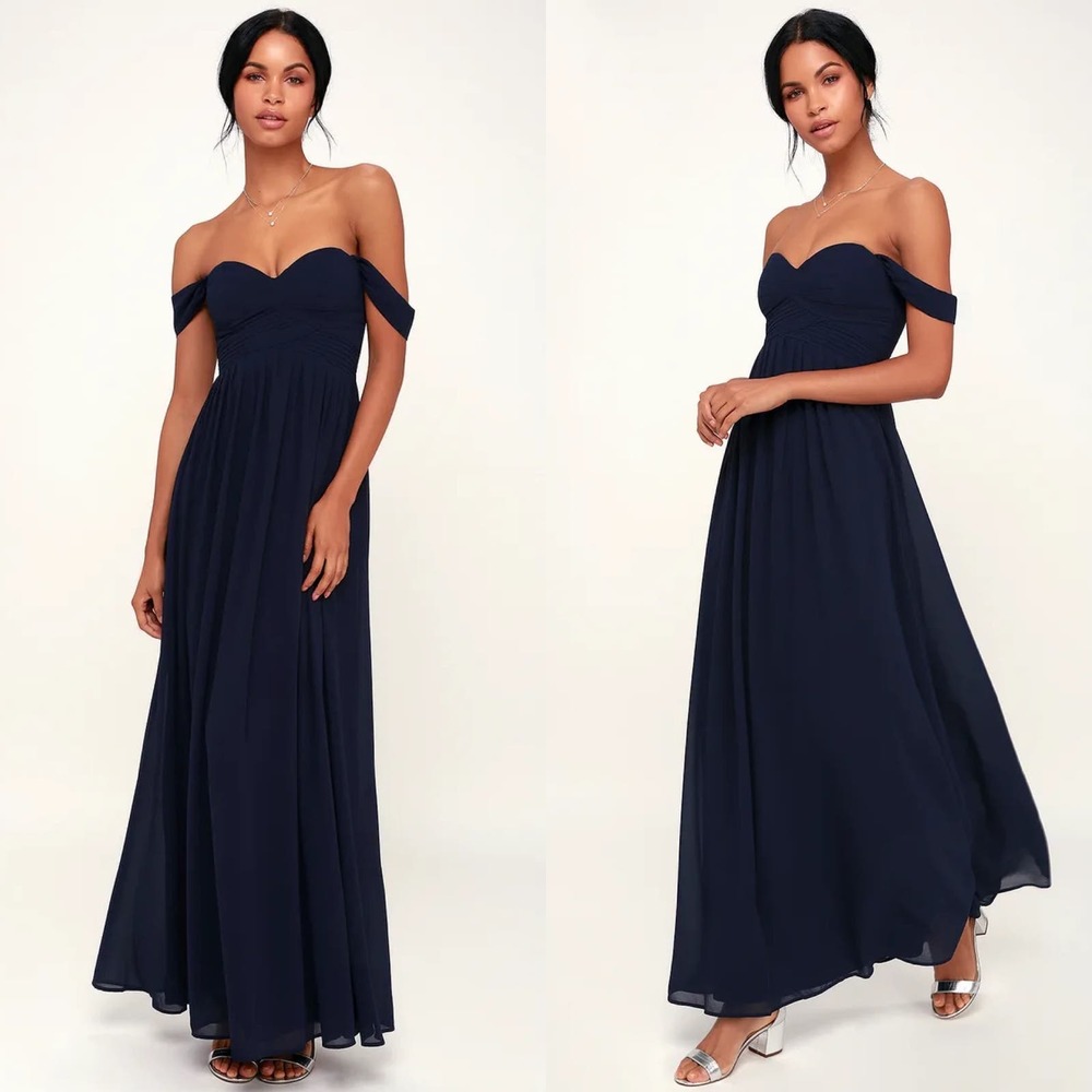 NWT Lulus Harmonious Navy Blue Off the Shoulder Maxi Dress‎ XS